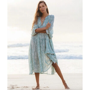 Daughters of India Kyra Midi Dress Jade Green Floral Cotton Boho Peasant Size XS